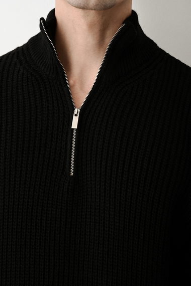 Erkek Hakim Yaka Owersıze Örme Triko - Siyah - صورة 4