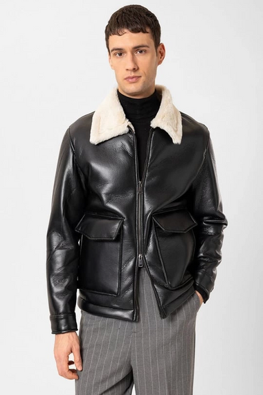 Erkek Normal Kalıp Önü Cepli İçi Kürklü Deri Mont- Siyah - صورة 1