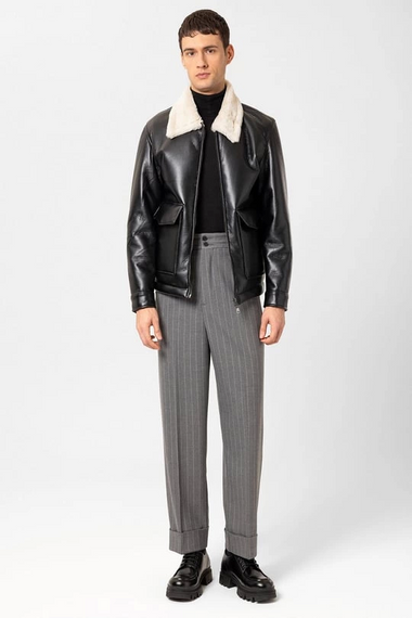 Erkek Normal Kalıp Önü Cepli İçi Kürklü Deri Mont- Siyah - صورة 2