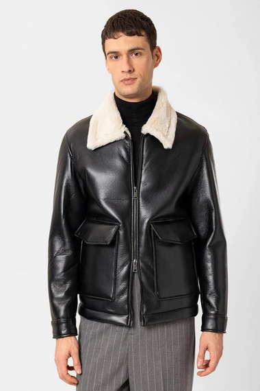 Erkek Normal Kalıp Önü Cepli İçi Kürklü Deri Mont- Siyah - صورة 3
