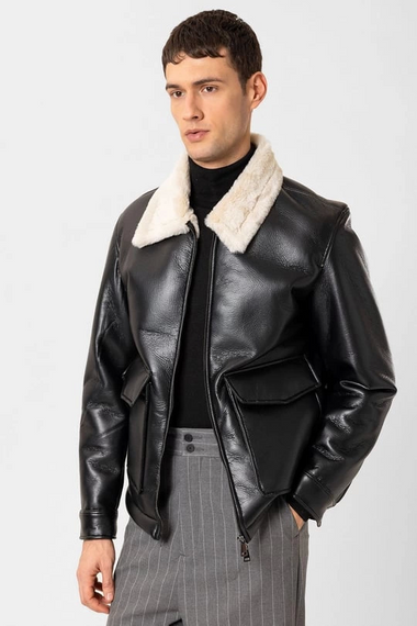 Erkek Normal Kalıp Önü Cepli İçi Kürklü Deri Mont- Siyah - صورة 5