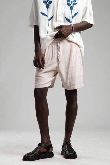 Мужские шорты из льна с эластичным поясом - кремовые, размер S, M, L, XL, XXL - фото 4