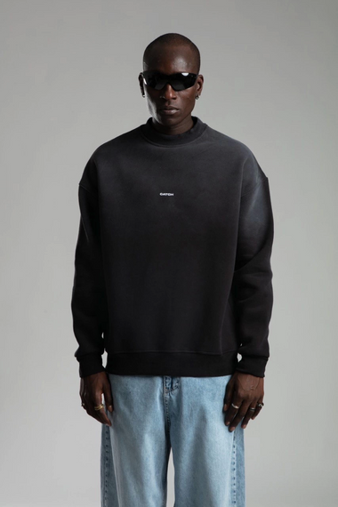 Erkek Owersize İçi Şardonlu Bisiklet Yaka Catch Yazılı Eskitme Sweatshirt - Gri - photo 1