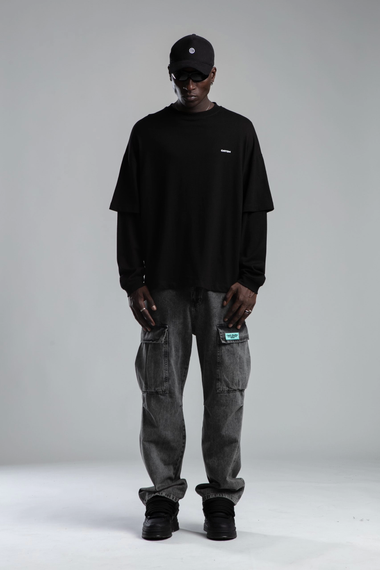 Erkek İnce Owersize Baskılı Sweatshirt -Siyah - fotoğraf 1