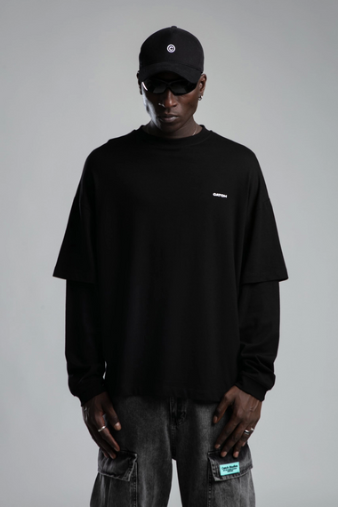 Erkek İnce Owersize Baskılı Sweatshirt -Siyah - fotoğraf 3