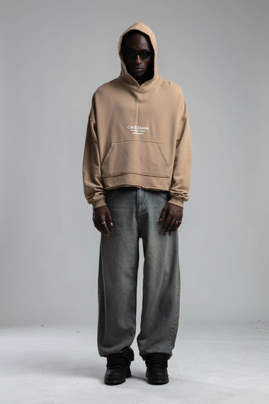 Owersize Arkası 03 Baskılı Kapüşonlu Yıkamalı Sweatshirt -Kremrengi - photo 1