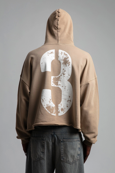 Owersize Arkası 03 Baskılı Kapüşonlu Yıkamalı Sweatshirt -Kremrengi - photo 3