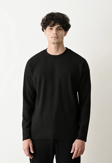 Erkek Bisiklet Yaka Fitilli Uzun Kol Owersıze Sweat-Siyah - fotoğraf 1