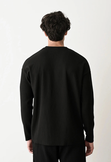 Erkek Bisiklet Yaka Fitilli Uzun Kol Owersıze Sweat-Siyah - fotoğraf 2
