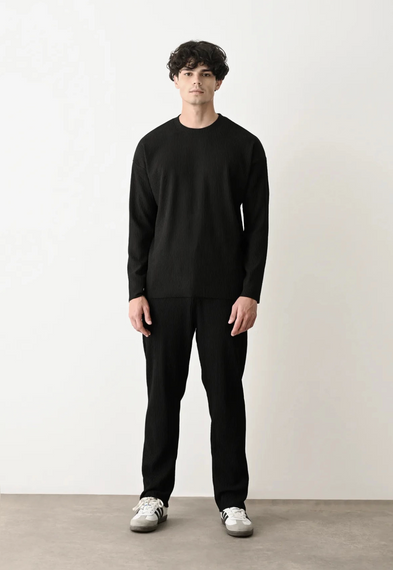 Erkek Bisiklet Yaka Fitilli Uzun Kol Owersıze Sweat-Siyah - fotoğraf 3
