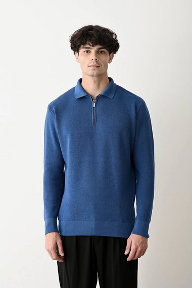 Чоловіча поло-горловина з замком, довгий рукав, в'язана трикотажна кофта - сірий - фото 4