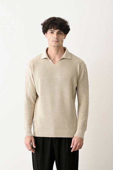 تيشيرت بولو رجالي بأكمام طويلة من الصوف - كريم - صورة 1