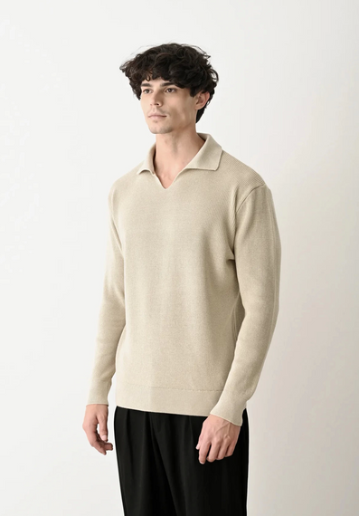 تيشيرت بولو رجالي بأكمام طويلة من الصوف - كريم - صورة 3