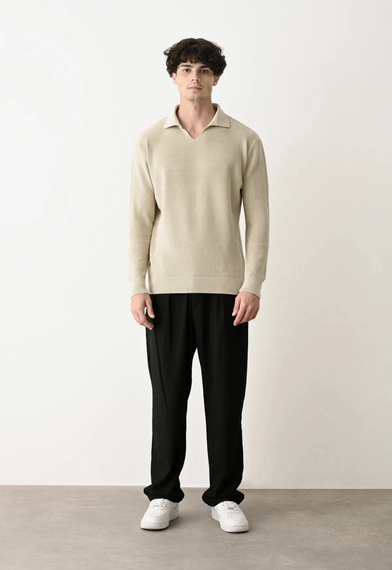 تيشيرت بولو رجالي بأكمام طويلة من الصوف - كريم - صورة 2