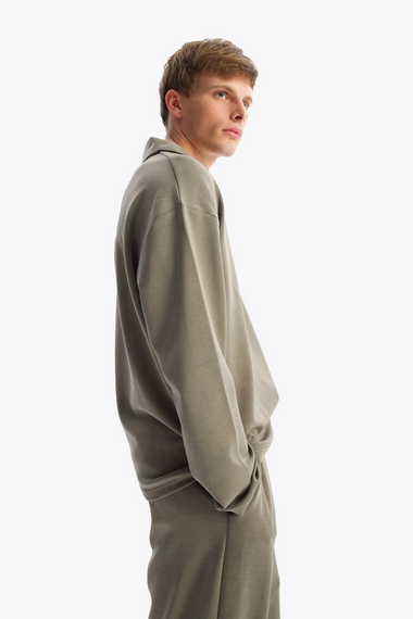 Erkek Polo Yaka Uzun Kol Sweat - Haki - fotoğraf 3