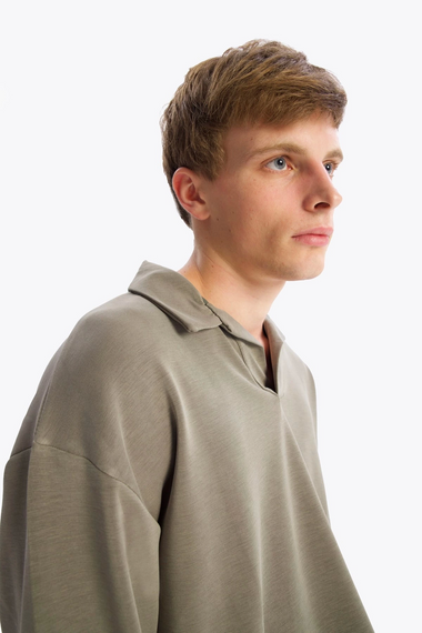 Erkek Polo Yaka Uzun Kol Sweat - Haki - fotoğraf 4