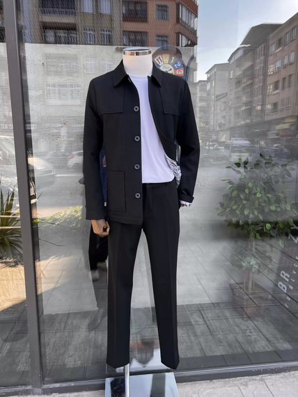 Мужской узкий спортивный костюм из эластичного материала черного цвета,Slim Fit, для размеров 46-56 - фото 1