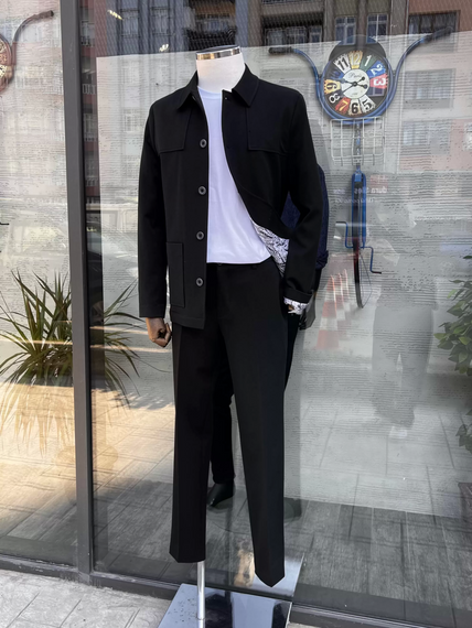 Мужской узкий спортивный костюм из эластичного материала черного цвета,Slim Fit, для размеров 46-56 - фото 4