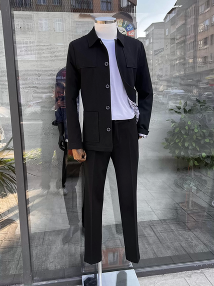 Мужской узкий спортивный костюм из эластичного материала черного цвета,Slim Fit, для размеров 46-56 - фото 3