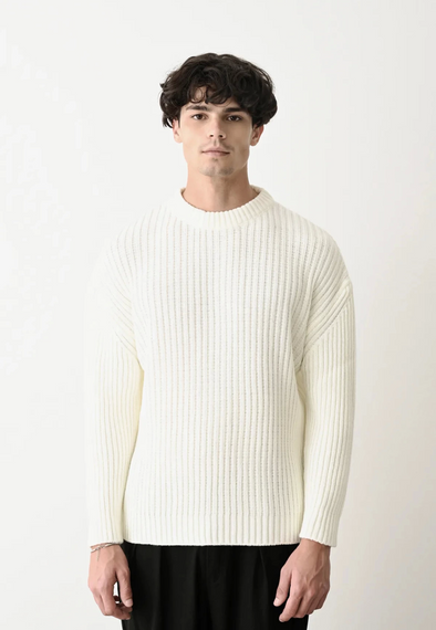 Erkek Bisiklet Yaka Owersıze Örme Triko - Ekru - photo 1