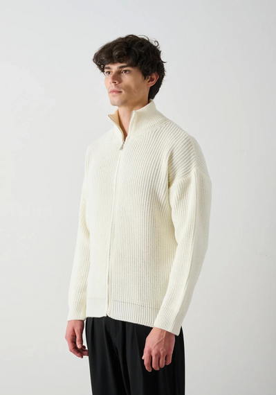 Erkek Owersize Hakim Yaka Fermuarlı Hırka -Beyaz - fotoğraf 2