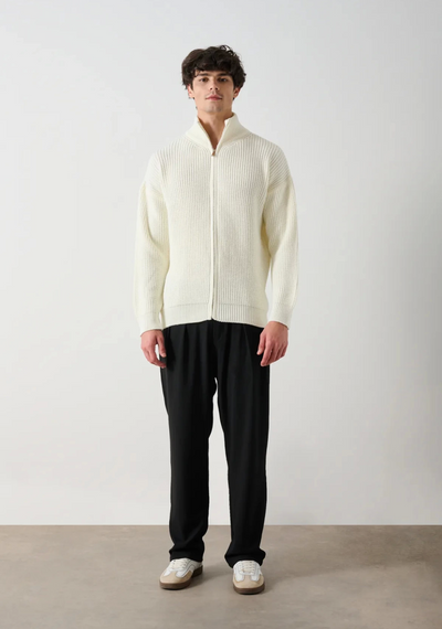 Erkek Owersize Hakim Yaka Fermuarlı Hırka -Beyaz - fotoğraf 3