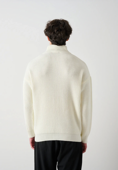 Erkek Owersize Hakim Yaka Fermuarlı Hırka -Beyaz - fotoğraf 4