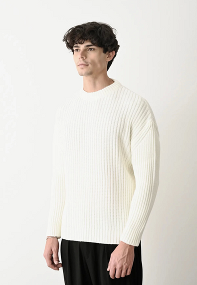 Erkek Bisiklet Yaka Owersıze Örme Triko - Ekru - photo 4