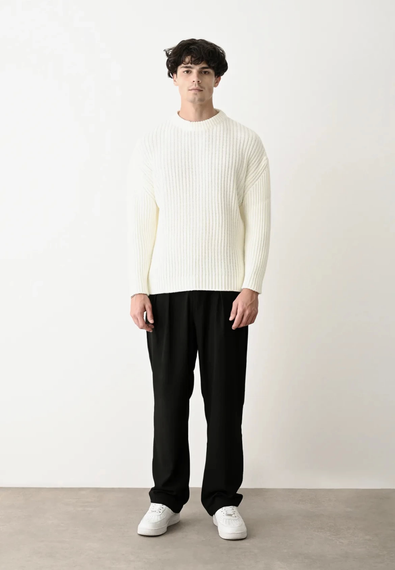 Erkek Bisiklet Yaka Owersıze Örme Triko - Ekru - photo 3