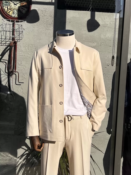 Мужской приталенный спортивный костюм кремового цвета с жакетом и брюками, для размеров 46-56, подходит для сухой чистки