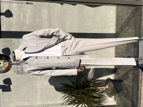 Мужской облегающий спортивный пиджак и брюки - серый, вискозно-полиамидная ткань, для размеров 46-56, только химчистка