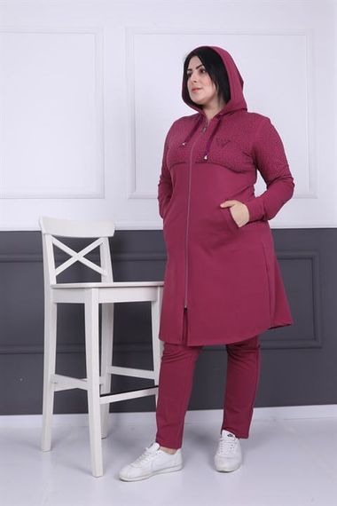 Women's Battal Stone Detailed Hooded Zippered Hijab Tracksuit Set - photo 2