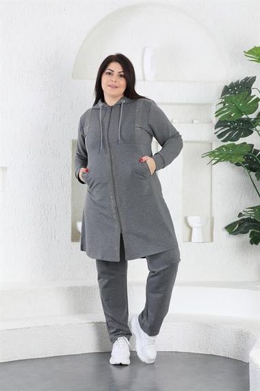 Women's Stone Detailed Zippered Hooded Hijab Oversized Tracksuit Set - photo 3