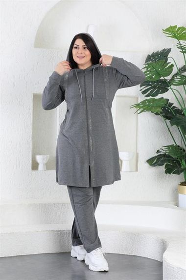 Women's Stone Detailed Zippered Hooded Hijab Oversized Tracksuit Set - photo 2