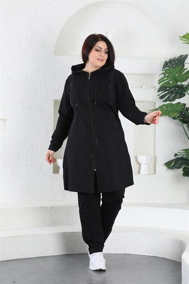 Women's Stone Detailed Zippered Hooded Hijab Oversized Tracksuit Set - photo 3