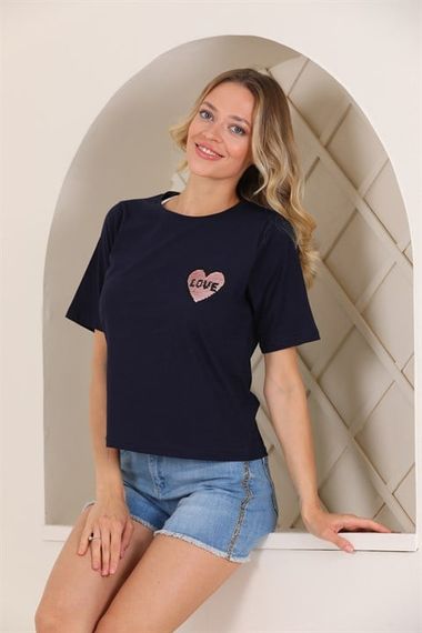 Bayan Love Pul Payet Detaylı T-shirt - fotoğraf 2