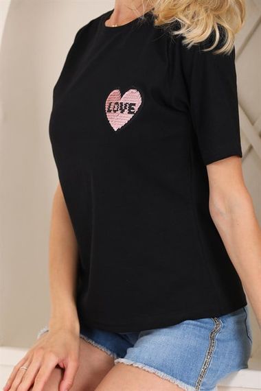 Bayan Love Pul Payet Detaylı T-shirt - fotoğraf 5