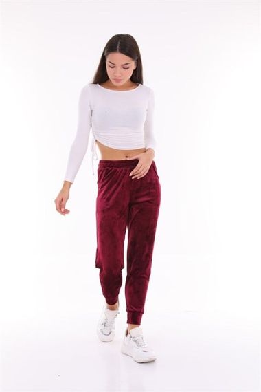 Mürdüm Renk Kadife Eşofman Altı - Pijama - Jogger Model - fotoğraf 1