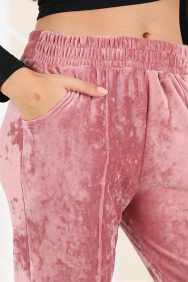 Büyük Beden Somon Kadife  Kadın Eşofman Altı - Pijama - Jogger Çizgi Şeritli - fotoğraf 5