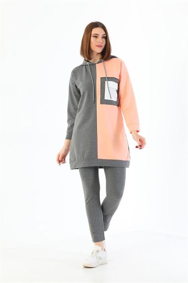 Double Color Detailed Women's Hoodie with Pockets Tracksuit Set - Powder - photo 2