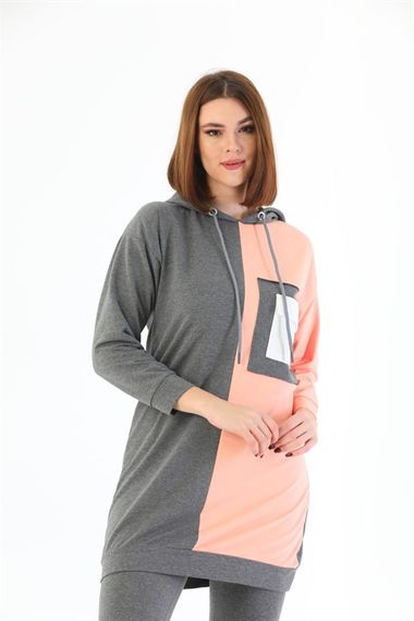 Double Color Detailed Women's Hoodie with Pockets Tracksuit Set - Powder - photo 3