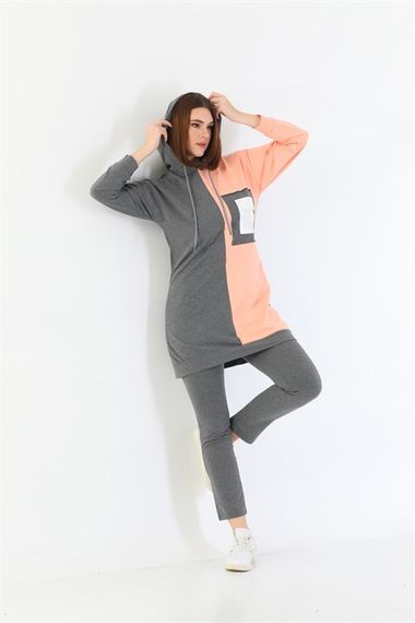 Double Color Detailed Women's Hoodie with Pockets Tracksuit Set - Powder - photo 5