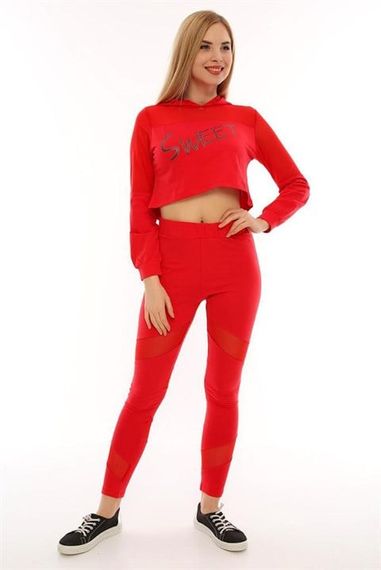 Mesh Detailed Red Sweet Crop Tights Set - photo 1