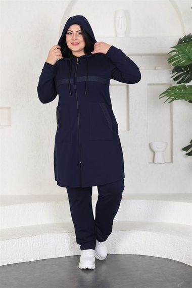 Stone Printed Women's Plus Size Tracksuit Set - Navy Blue - photo 2