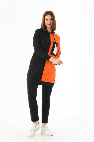 Double Color Detailed Women's Hoodie with Pockets Tracksuit Set - Orange - photo 2