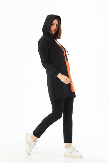 Double Color Detailed Women's Hoodie with Pockets Tracksuit Set - Orange - photo 3