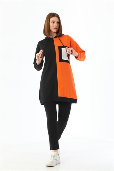 Double Color Detailed Women's Hoodie with Pockets Tracksuit Set - Orange - photo 1