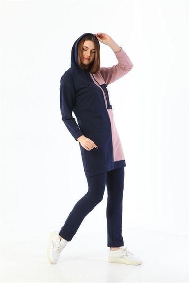 Double Color Detailed Women's Hoodie with Pockets Tracksuit Set - Salmon - photo 3