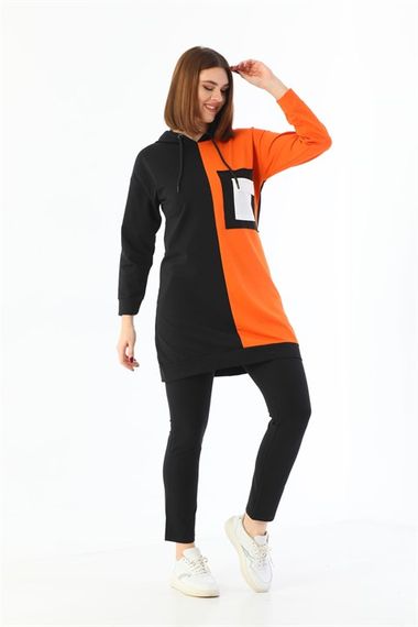 Double Color Detailed Women's Hoodie with Pockets Tracksuit Set - Orange - photo 5