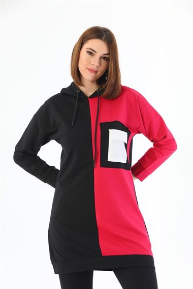 Double Color Detailed Women's Hoodie with Pockets Tracksuit Set - Fuchsia - photo 5